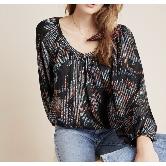 Anthropologie Maeve Madeira Black Burnout Blouse XS Size Satin Top Paisley - Picture 14 of 14